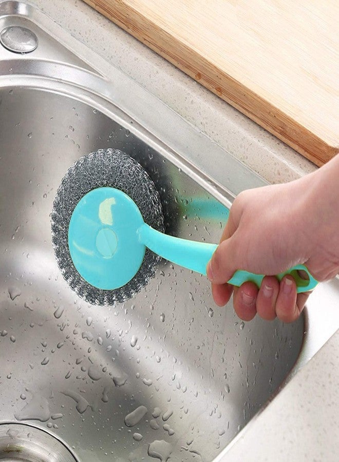Wideskall Kitchen Cleanging Stainless Steel Sponge with Handle Scouring Pad Brush Steel Wool Scrubber with 2 Refills - Image 3